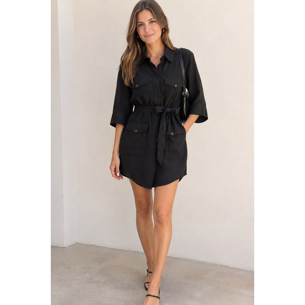 Pampelone Black Linen Utility Shirt Dress Waist Tie Pocket Mini Dress L